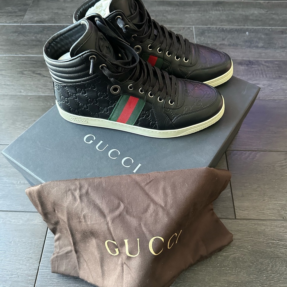 Gucci Black Leather High-Tops with Red and Green Stripes - Picture 2 of 7